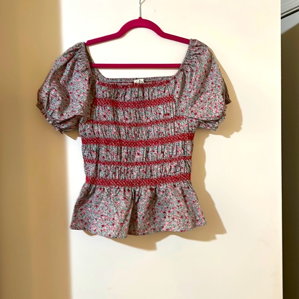 Floral, poof sleeve, peplum, off shoulder blouse. Worn once.